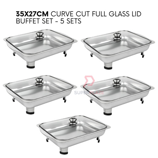 5 Sets 35x27cm Full Glass Lid Stainless Steel Buffet Set Catering Serving Tray Food Pan