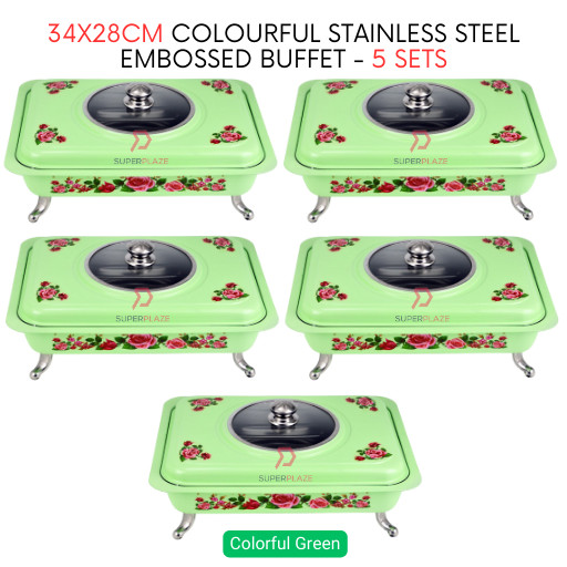 5 Sets Green Straight 34x28cm Colorful Stainless Steel Embossed Buffet Food Pan Catering Food Serving Tray