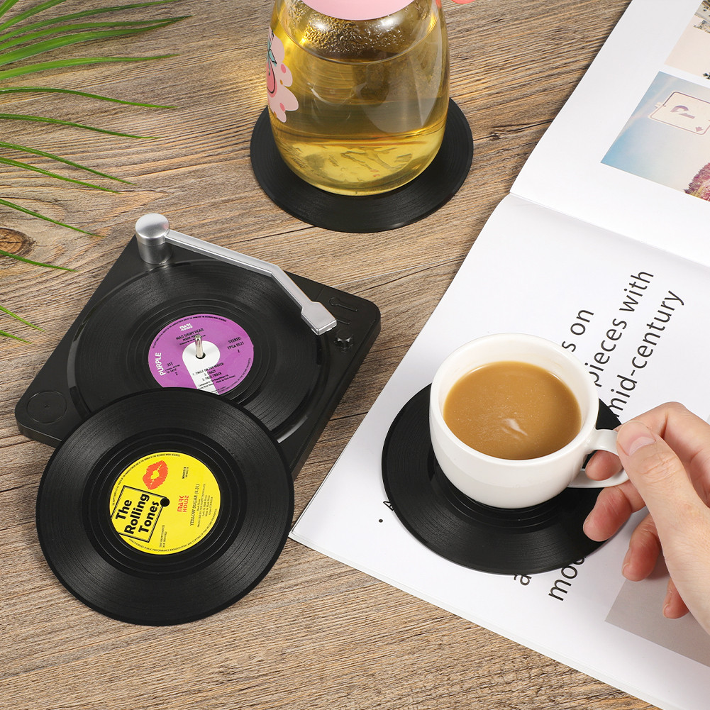 *6pcs Funny Retro Vinyl Record Coasters With Player For Drinks Record Absorbent Novelty Vinyl Disk Coasters Cup Mat For Drinks, Bars, Party, Birthday Gifts For Music Lovers