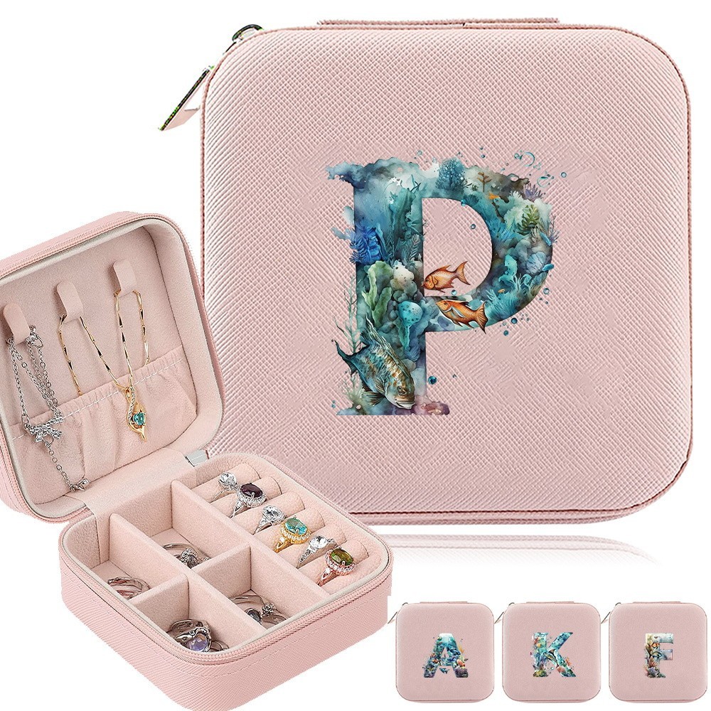 Jewelry Case Portable Travel Jewelry Box Personalized Gifts Leather Fish Letter Pattern Storage Zipper Jewelry Box