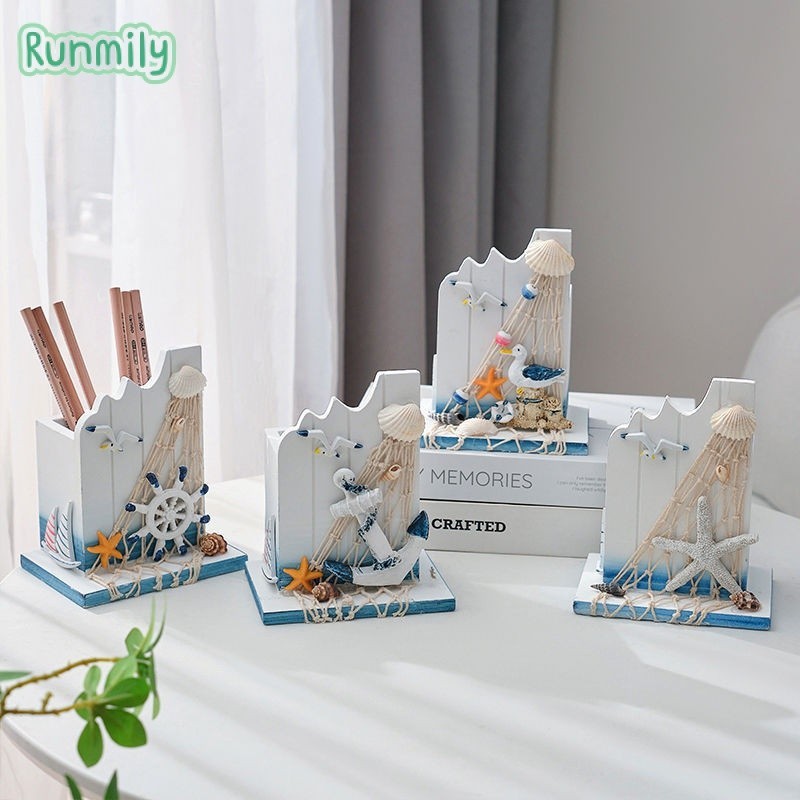 Oceanic Style Pen Holder: Wooden Desk Storage Box For Office Decor Creative Ornament