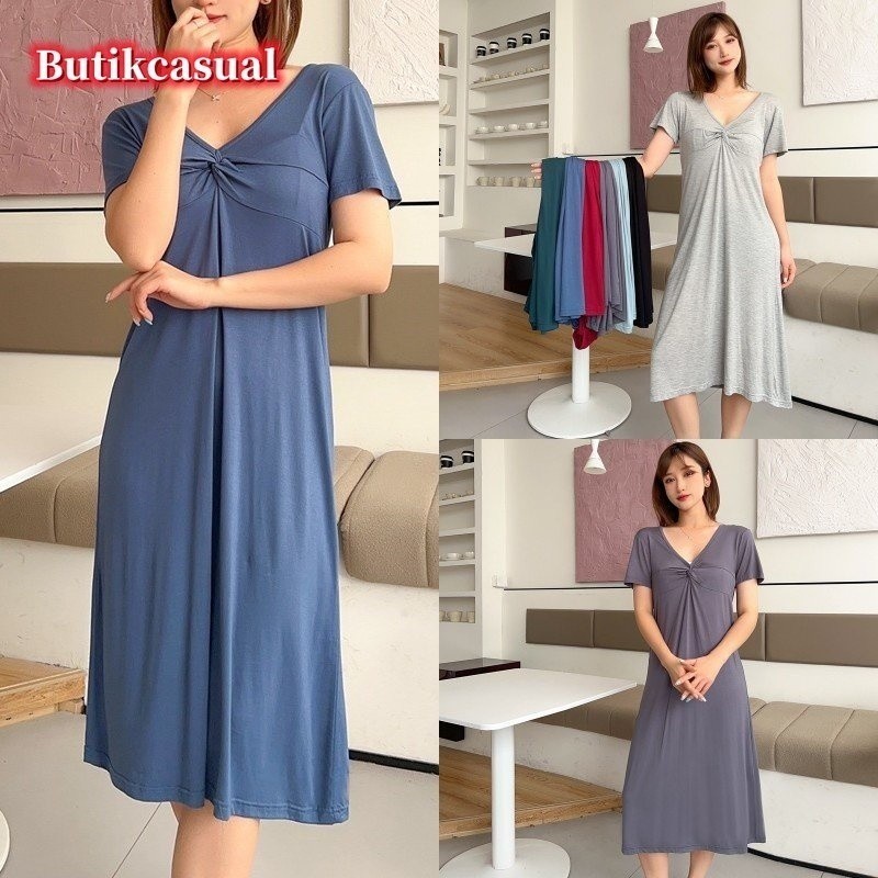 women modal cotton dresses loose plain dress comfortable loungewear long sleeves v Neck evening dress 2023 Summer casual woman midi dresses