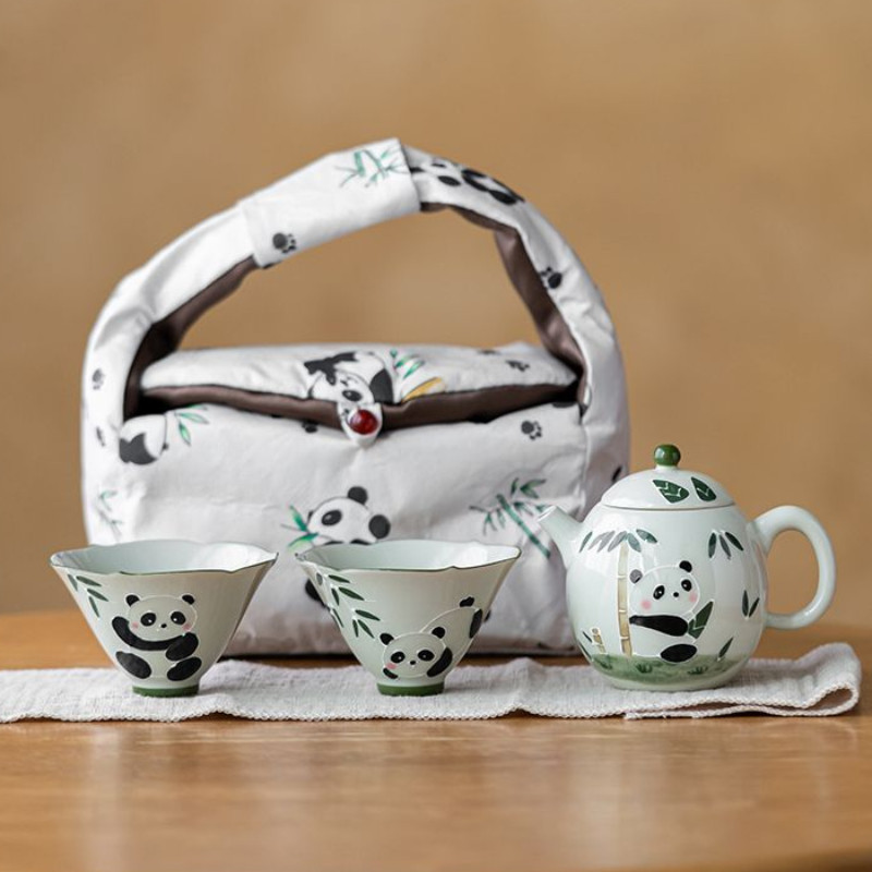 Hand-painted Panda Tea Set Chinese Style Tea Set Portable Tea Set Teapot Ceramic Hand-Painted Teapot One Pot Two Cups Travel Tea Set with Storage Bag Outdoor Ceramic Gifts