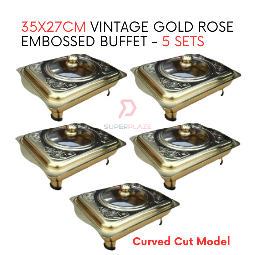 5 Sets 35x27cm Vintage Gold Rose Embossed Buffet Set Serving Dishes Curve Cut Catering Food Pan Tray