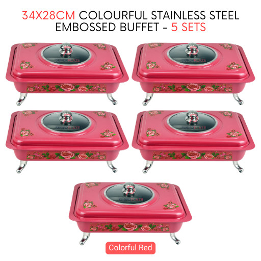 5 Sets Red Straight 34x28cm Colorful Stainless Steel Embossed Buffet Food Pan Catering Food Serving Tray