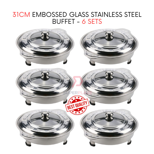 6 Sets 31cm Round Embossed Lids Stainless Steel Buffet Set Catering Serving Tray Food Pan