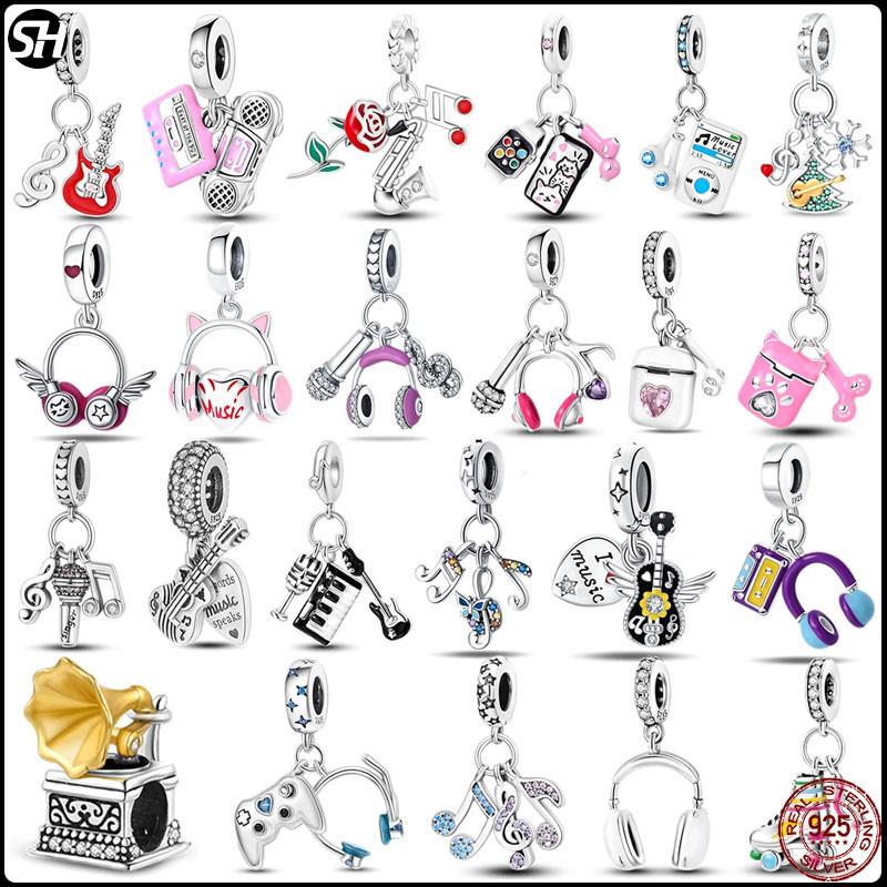 S925 Sterling Silver Music Enthusiast Charms Bead Guitar Rock Headphones MP3 Pendants Fit Original charms Beads Bracelet Necklace DIY Jewelry