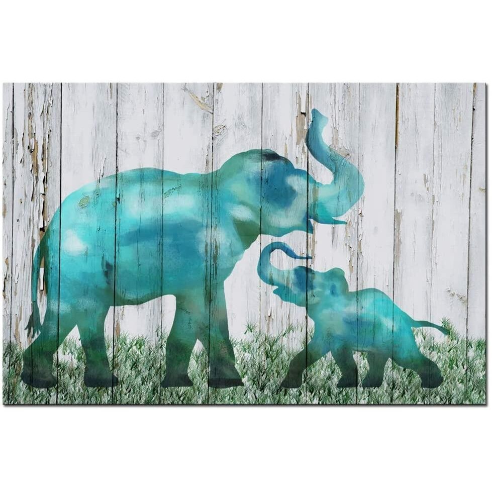 LevvArts Abstract Elephant Canvas Wall Art Teal Blue Animal Mom Child Painting Artwork Wildlife Pictures Stretched and Framed for Kids Room Living Roo