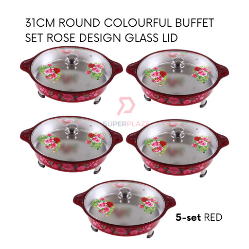 Red 5 Sets 31cm Round Colorful Buffet Set Rose Design Glass Lid Food Pan Chafing Dish Tray