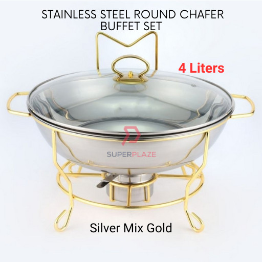 Silver Mix Gold 4 Liters Stainless Steel Round Chafer Chafing Dish Buffet Set Kenduri Set Berkas Lauk Catering Set