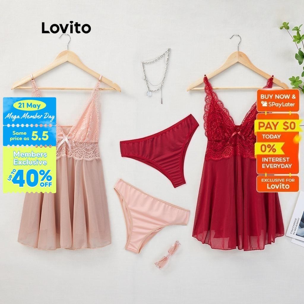 Lovito Sexy Lace High Waist Deep V Neck Nighties Sleepwear Lingerie Set L17X059 (Pink/Red)