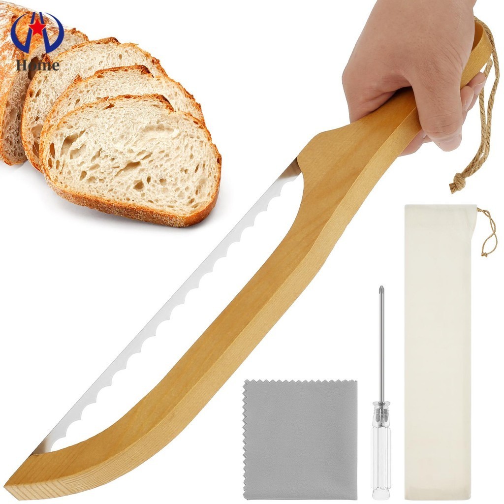 Bread Bow Cutter Stainless Steel Sourdough Bread Slicer with Screwdriver Serrated Bagel Cutter with Wooden Handle and Storage Bag 15.7×2.8 Inch Bread Slicer Practical SHOPSKC8566