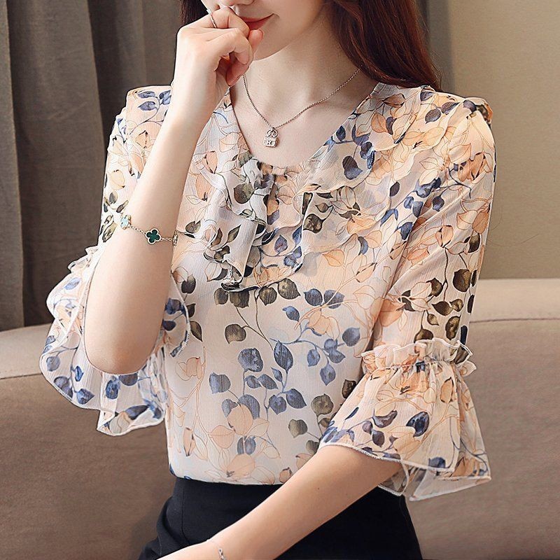 S-5XL Floral Chiffon Shirt Women Short Sleeve Tops Summer New Korean Fashion Loose V-neck Flare Sleeve Medium Sleeve Chiffon Shirt