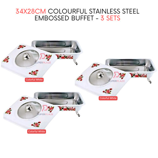 3 Sets White Straight 34x28cm Colorful Stainless Steel Embossed Buffet Food Pan Catering Food Serving Tray