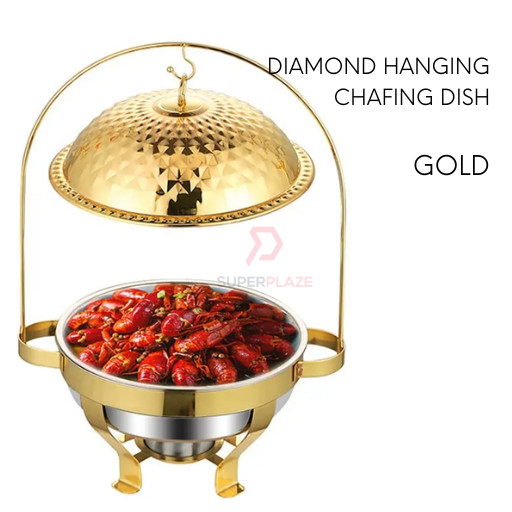 4.5L Gold Diamond Stainless Steel Hanging Dome Chafing Dish Chafer Buffet Tray Crown Serving Set