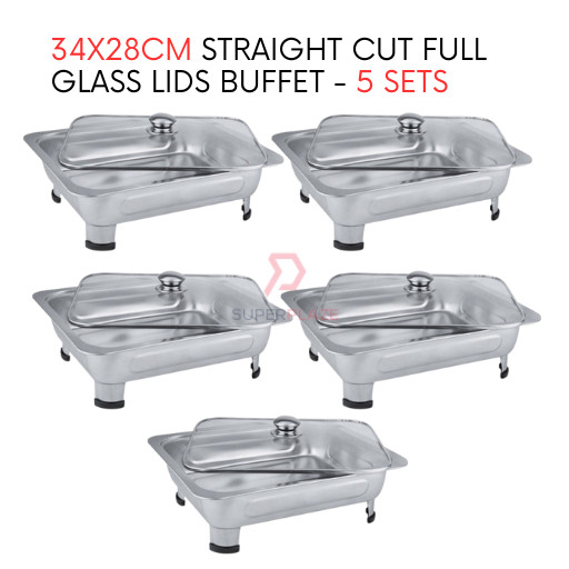 5 Sets 34x28cm Straight Cut Glass Lid Stainless Steel Buffet Set Catering Serving Tray Food Pan