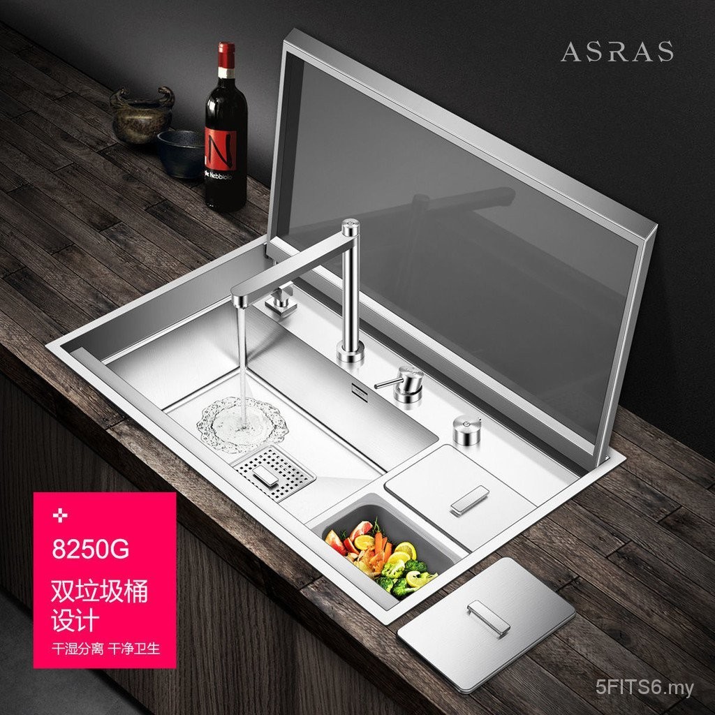 Assasas 304 Stainless Steel Handmade Sink Single Sink Smart Flip Cover Hidden Kitchen Vegetable Wash Basin Dishwasher Set