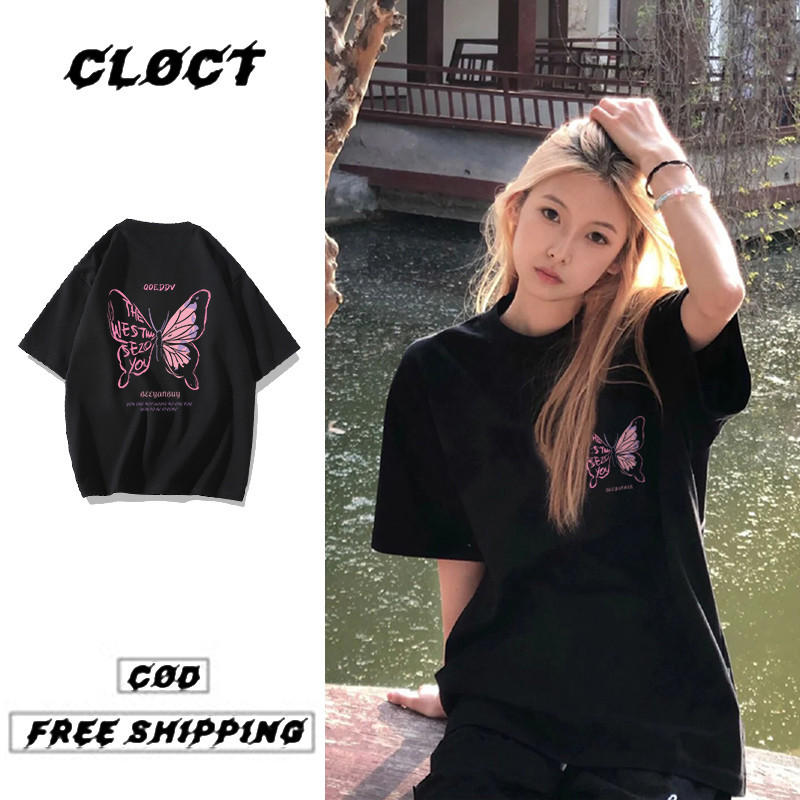 P0009*Cloct |unisex Style| 100% Summer Short Sleeves Anime T Shirt College Style  Oversize Shirt Woman Couple T Shirt  OOTD【COD】2024新款印花t恤