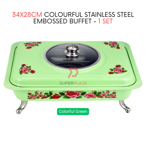 1 Set Green Straight 34x28cm Colorful Stainless Steel Embossed Buffet Food Pan Catering Food Serving Tray