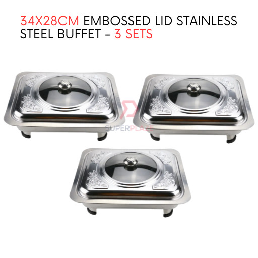 3 Sets 34x28cm Straight Cut Embossed Lid Stainless Steel Buffet Set Catering Serving Tray Food Pan