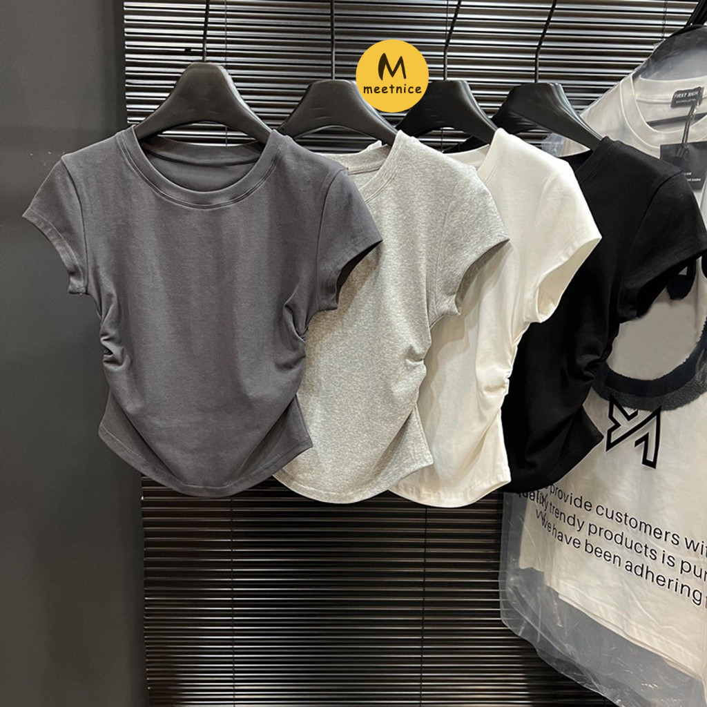 【12 Hours Delivery】2025  New Casual Plain Fitted Top For Women's Pleated T-Shirt (Multicolor)