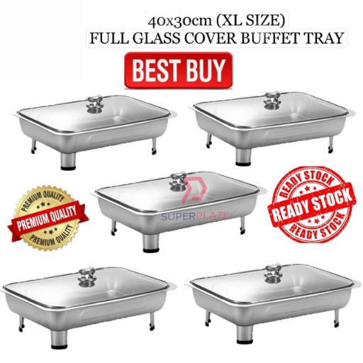 5 Sets 40x30cm XL Full Glass Stainless Steel Buffet Set Catering Serving Tray Food Pan