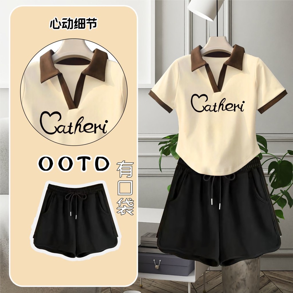 91% positive review rate Pure cotton POLO style shirt suit wearing cute OOTD solid color printed sho91%好评率纯棉POLO风搭衫套装穿可爱OOTD纯色印花短裤校园2025简约3.15