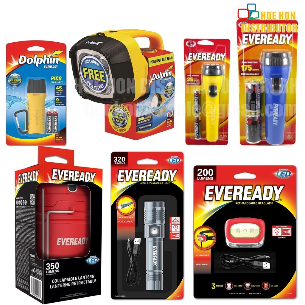 Eveready LED Flashlight Torch Light Dolphin Floating Lantern Headlamp Rechargeable AA AAA D LC1L2D DOLN6V1 DOLP22