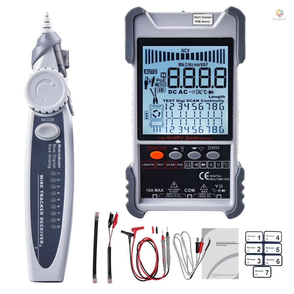Handheld Portable 2in1 Network Cable Tester Multimeter LCD Display with Backlight Analogs Digital Search POE Test Cable Pairing Sensitivity Adjustable Network Cable Length Short Op