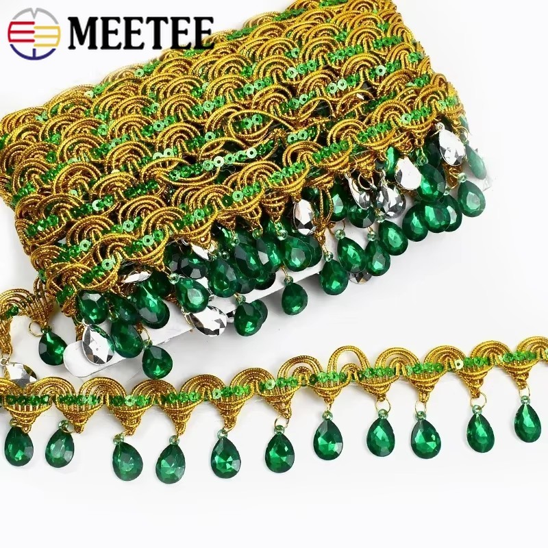1Meter Hanging Bead Tassel Lace Green Rhinestone Beads Fringe Decoration Ribbon Fringes DIY Handmade Clothing Curtain
