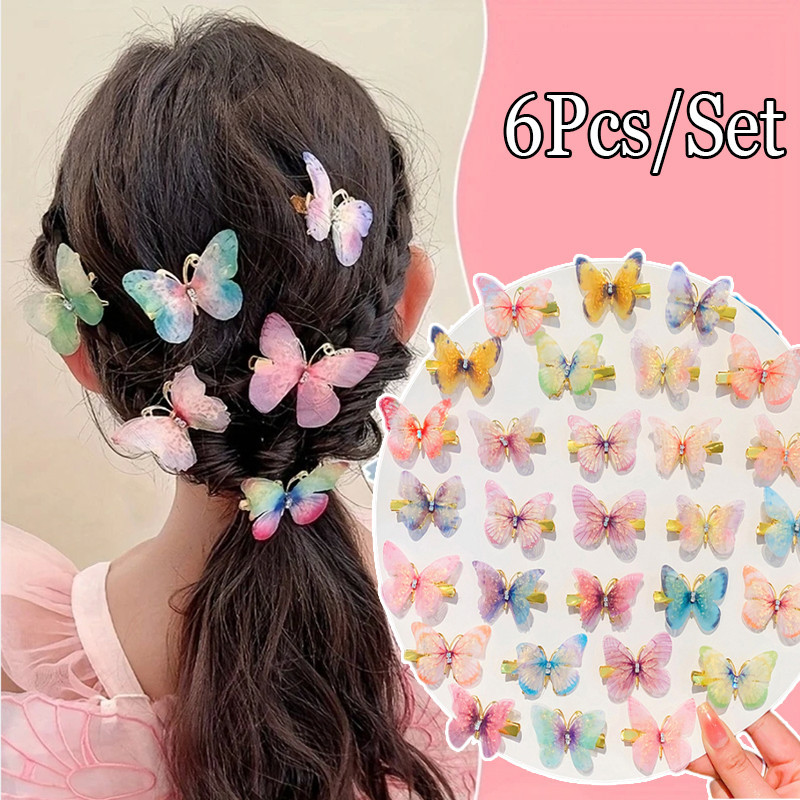 6pcs/set Mini Simulation Butterfly Barrettes Hairpin Non-Slip Colorful Gradient Side Bangs Duckbill Clips For Baby Teen Girls