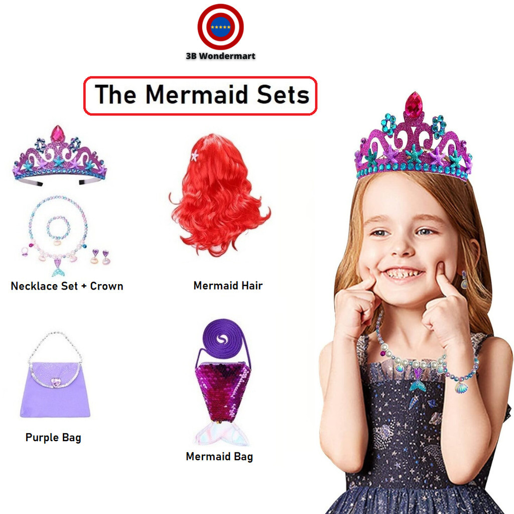 Little Mermaid Ariel Red Wig / children coin HandBag Princess Necklace Set Birthday Mermaid Accessories