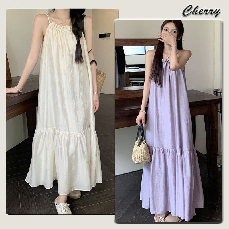 【READY STOCK】 CherryShop⭐Suspender dress loose pleated solid color long dress beach dress
