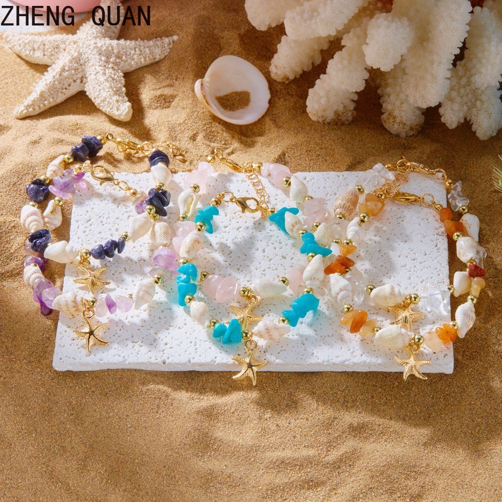 Handmade Starfish Conch Shell Bracelet Transarent Colorful Gravel Stone Transparent Beaded Bracelets For Women Beach Jewelry Boho Holiday Gifts Vacation Purple Pink Blue Green
