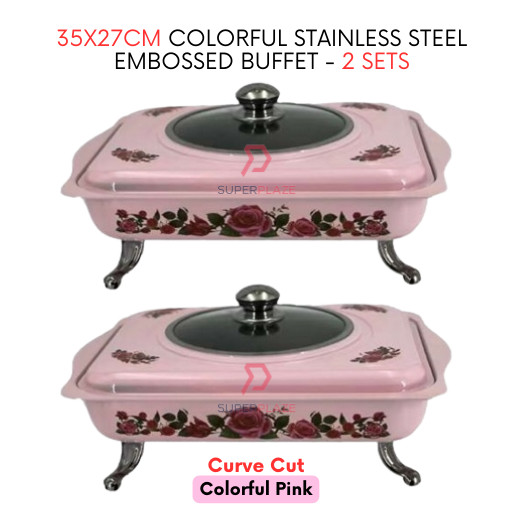 2 Sets Pink Curve 35x27cm Colorful Stainless Steel Embossed Buffet Food Pan Catering Food Serving Set Tray