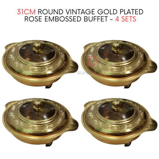 4 Sets 31cm Round Vintage Gold Plated Rose Embossed Buffet Set Food Pan Chafing Dish Serving Set Tray