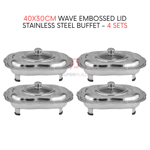 4 Sets 40x30cm Wave Embossed Stainless Steel Buffet Set Catering Serving Tray Food Pan