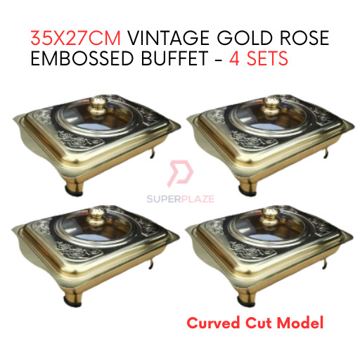 4 Sets 35x27cm Vintage Gold Rose Embossed Buffet Set Serving Dishes Curve Cut Catering Food Pan Tray