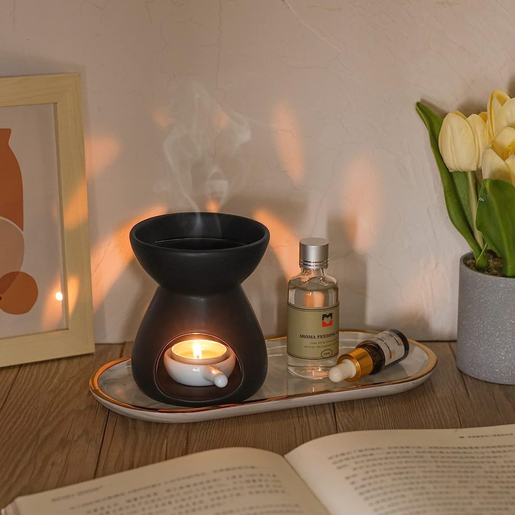 Candle Burner with Holder Spoon Ceramic Essential Oil Wax Melt Burners Set High Quality Aroma Burner Oil Diffuser Candle Tealight Holder for Spa Home Bedroom Decor Christmas Housewarming Gift 香薰炉