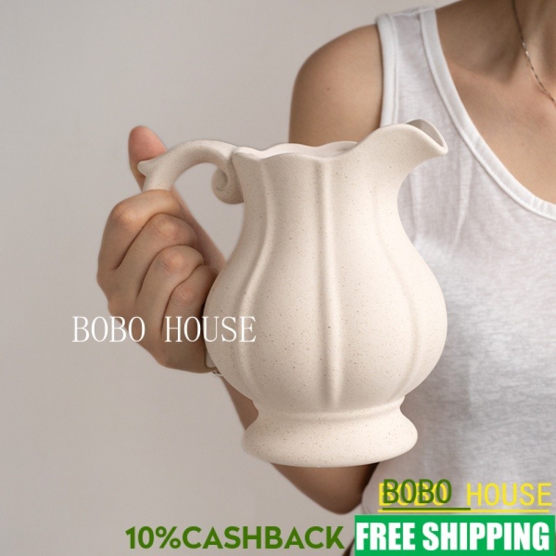 Handcrafted White Ceramic Vase for Home Decor Handled Flower Vase for Decorative Centerpiece Vintage Pottery VaseBOBOHOUSE YTL5