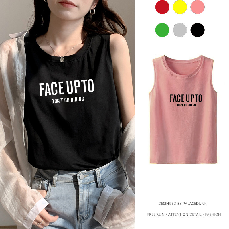 Face up to Cotton tee women summer new sleeveless t-shirt loose cotton printing casual students