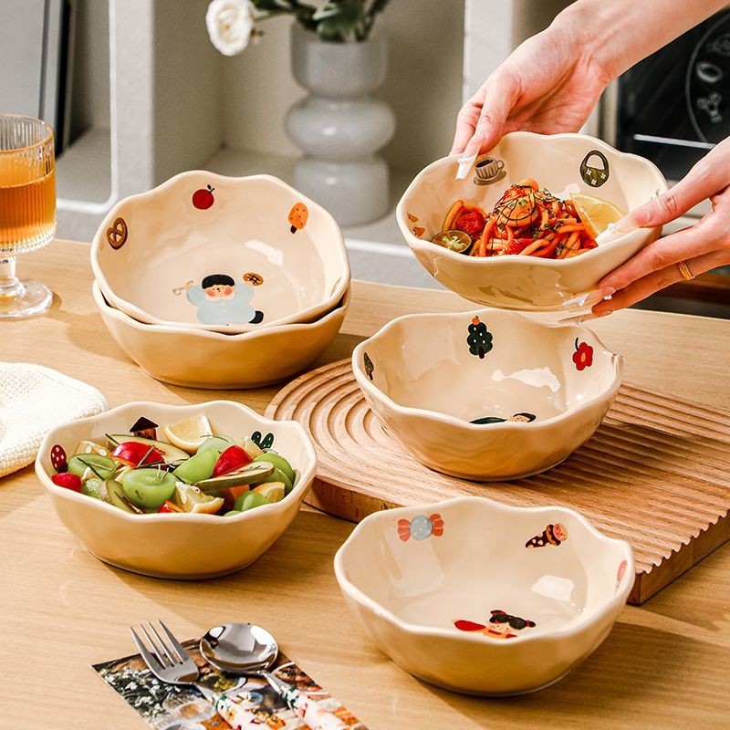 Cute Family Salad Bowl Ceramic Ingot Bowl round Rice Bowl Soup Bowl Noodle Bowl Plate Meal Tray Italian Pasta Dish Dessert Bowl Breakfast Bowl Yogurt Oatmeal Bowl