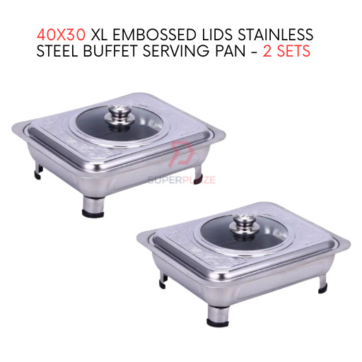 2 Sets 40x30cm XL Embossed Lids Stainless Steel Buffet Set Catering Serving Tray Food Pan