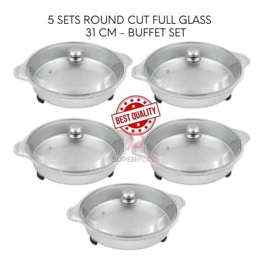 5 Sets 31cm Full Glass Lids Stainless Steel Buffet Set Catering Serving Tray Food Pan