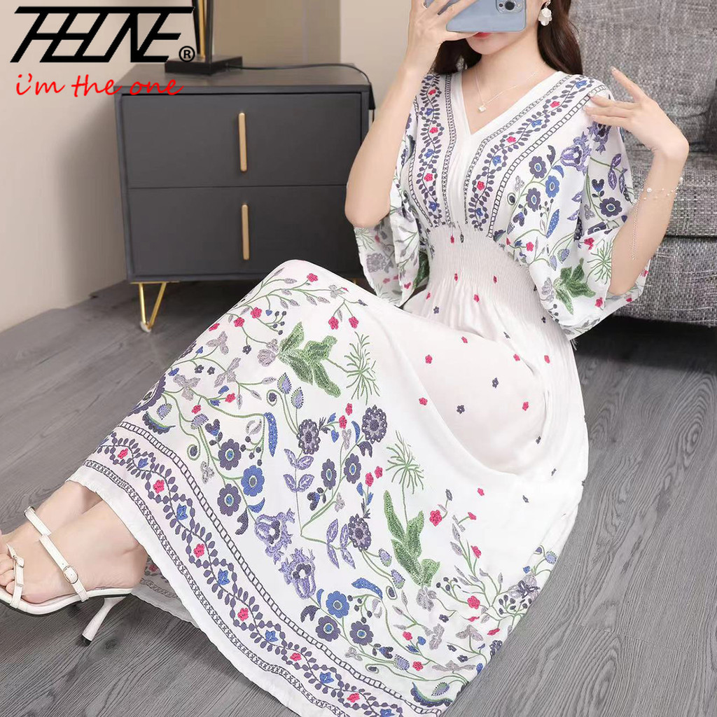 Bohemian Floral Fashion Summer Dress 2024 Women Maxi Long Beach Hawaii Holiday Travel Indian Clothes Casual Korean Baju Style Black Cotton Linen Cool Dresses