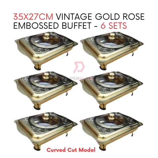 6 Sets 35x27cm Vintage Gold Rose Embossed Buffet Set Serving Dishes Curve Cut Catering Food Pan Tray