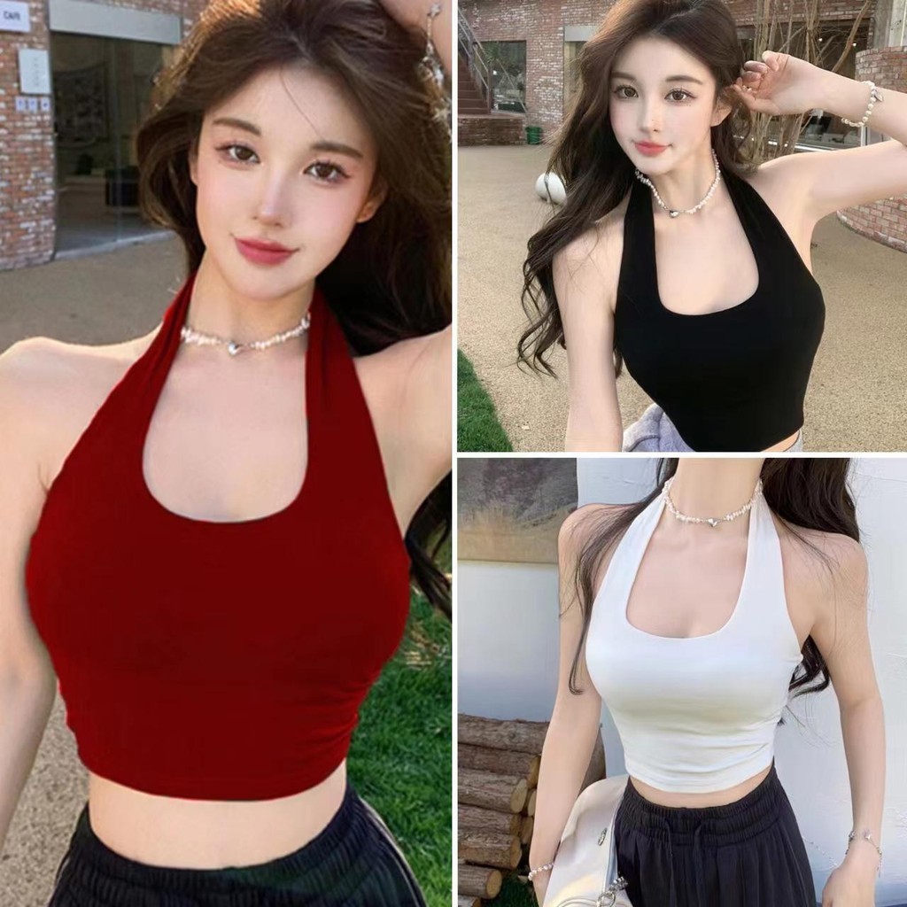 cherryshop Vest Crop Top Women's Fashion Solid Color Sexy Korean Style Backless (Red Black) White)