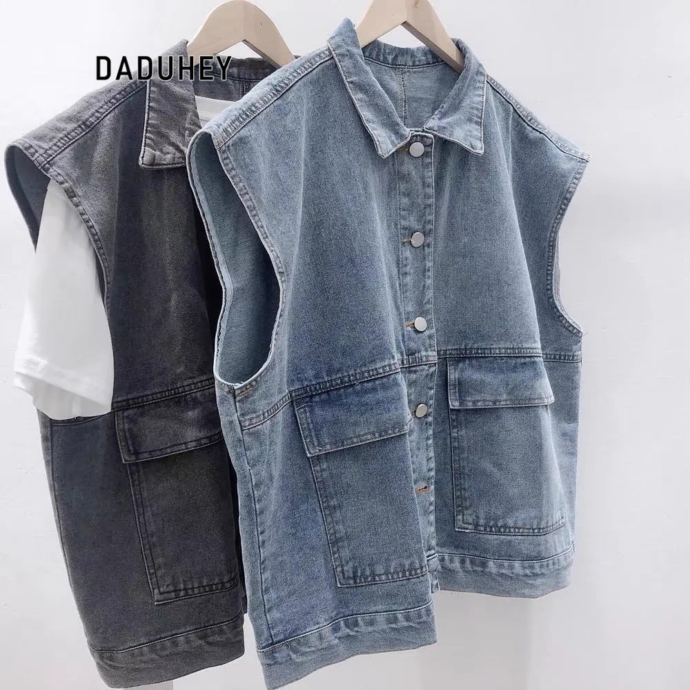 DaDuHey New Retro Hong Kong Style Loose Mid-Length Washed Overalls Sleeveless Thin Denim Vest Coat