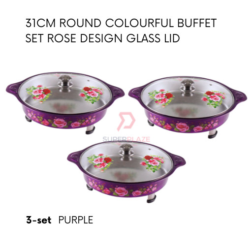 Purple 3 Sets 31cm Round Colorful Buffet Set Rose Design Glass Lid Food Pan Chafing Dish Tray