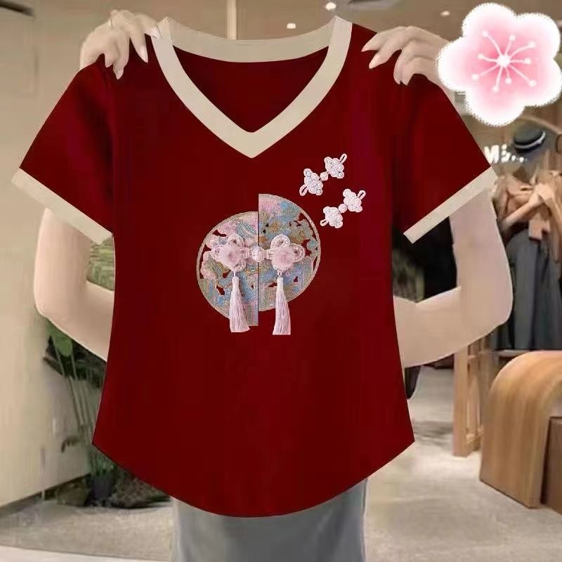 2024年印花新中式国风拼色短袖T恤女士新款夏季不规则遮肉上衣2024 Printing New Chinese Style Chinese Style Color Block Short20240622